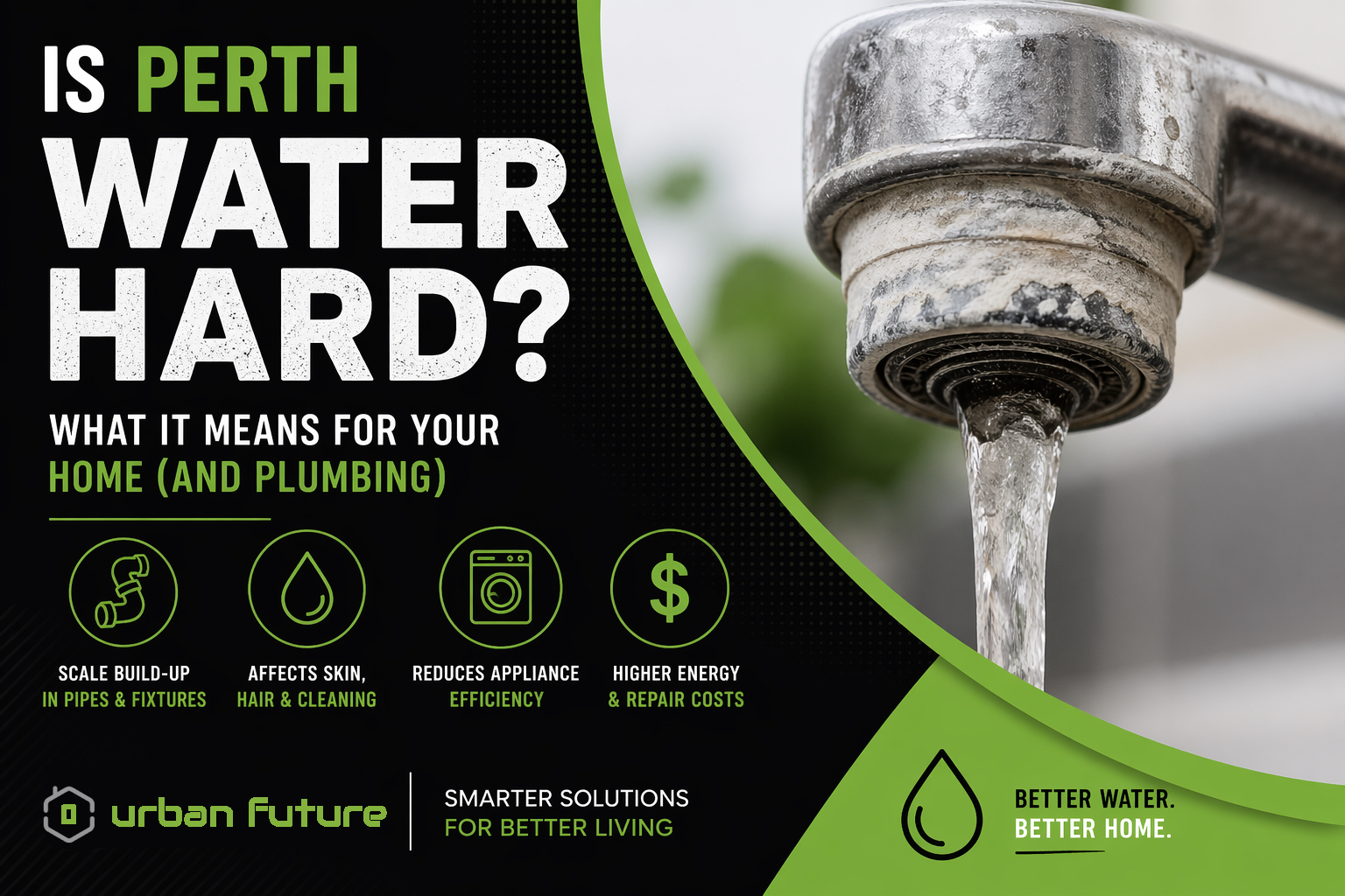 Hard water effects on Perth home plumbing with scale buildup on tap and water quality explanation