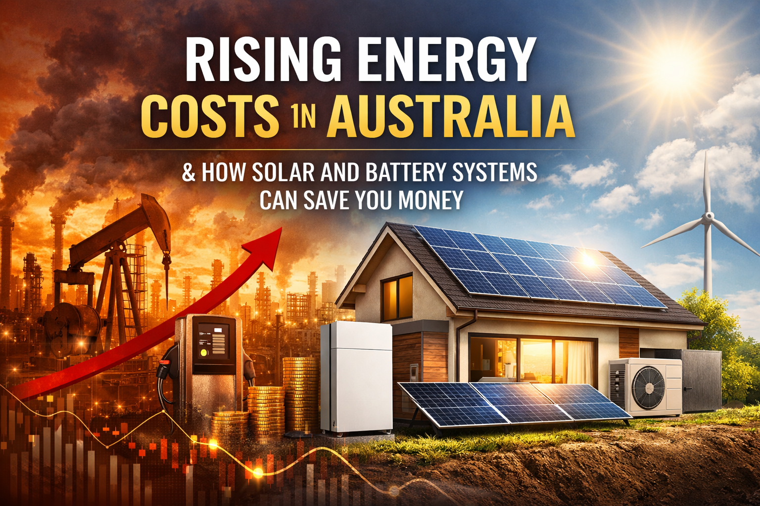 Rising energy costs in Australia illustrated with solar panels and battery storage as a solution