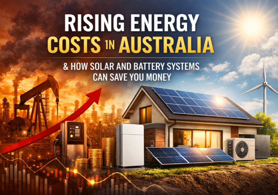 Rising energy costs in Australia illustrated with solar panels and battery storage as a solution